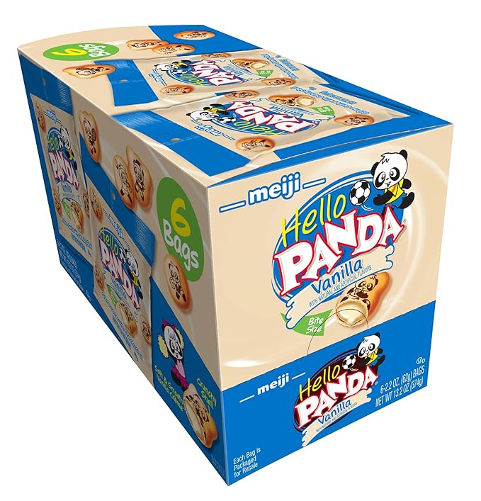Meiji Hello Panda Cookies, Vanilla Crème Filled - 2.2 oz, Pack of 6 - Bite Sized Cookies with Fun Panda Sports