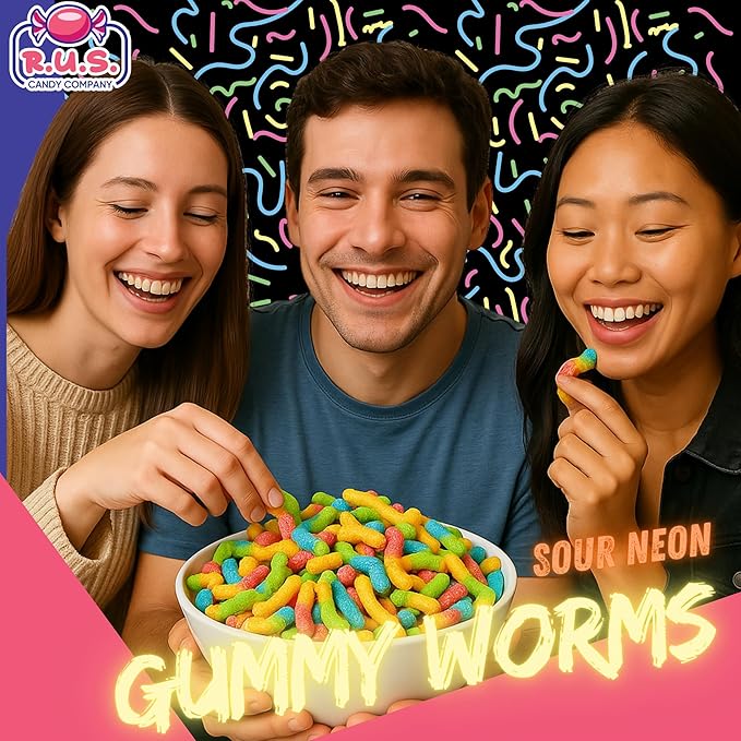 Sour Neon Gummy Worms – 1 Pound Bag | R.U.S. Candy Company | Tangy, Fruity, Chewy Candy | Bright & Fun Party Treats, Snack Bags, Movie Night, Birthday & Holiday Candy (1 Pound)