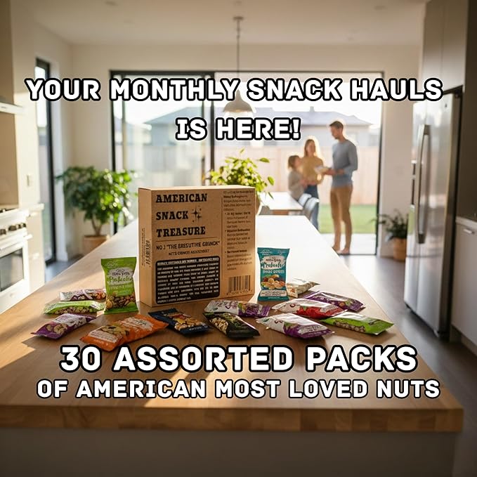 American Snacks Treasure Series No. 1 "THE EXECUTIVE CRUNCH" | Healthy Snacks Variety Pack: 30 Assorted Nuts Individual Packs Bulk – Cashew, Pistachios, Mixed Nuts, Low Calorie Snacks for Men & Women