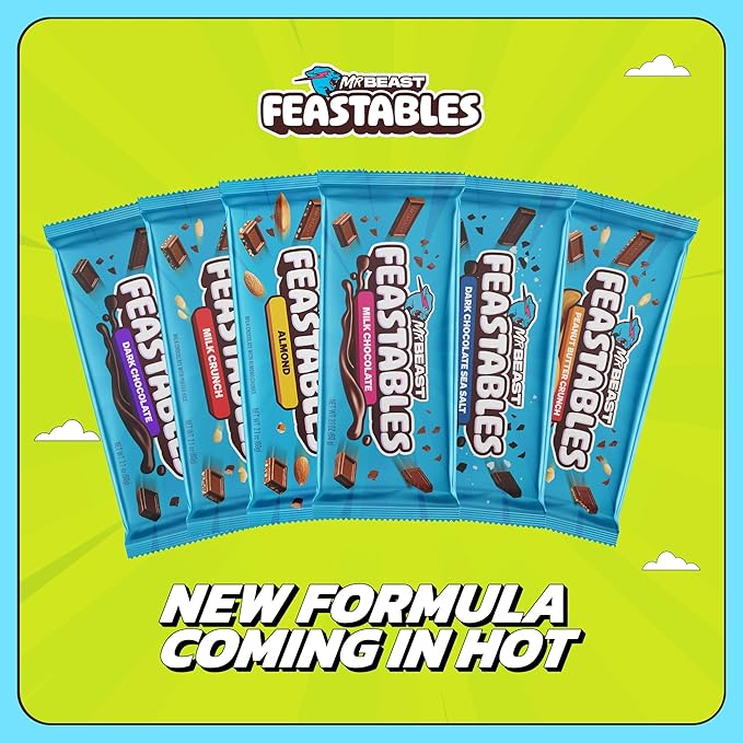 Feastables MrBeast Peanut Butter Milk Chocolate Chocolate Bar, Full Size Bar for Adults & Kids, Candy Bars, Snacks, Gifts, & Dessert, Fairtrade Cocoa, 1.24 Oz Each, 24 Count