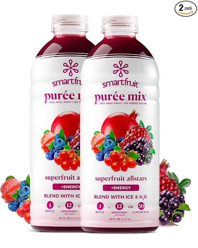 Smartfruit Superfruit All-Stars + Energy – 100% Real Fruit Purée with Blueberry, Pomegranate, Acai & Goji Berries – Great for Smoothies, Juice, Yogurt, Cocktails, Teas & More – 2-Pk, 48oz Each