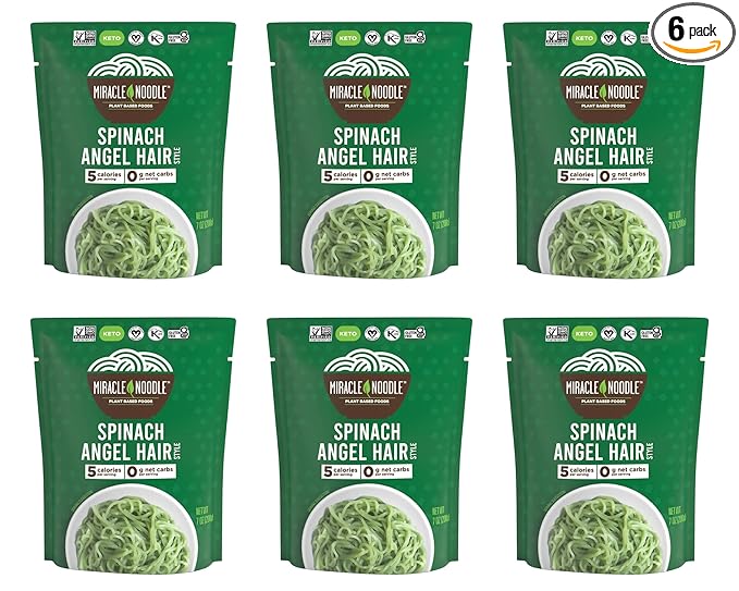 Miracle Noodle Ready to Eat Spinach Angel Hair Pasta, 7 Oz (Pack of 6), Plant Based Shirataki Konjac Noodles, 5 Calories, 0g Net Carbs Per Serving, Keto, Gluten-Free