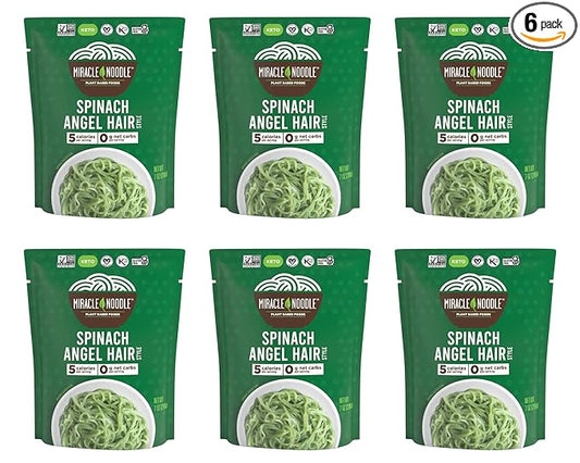 Miracle Noodle Ready to Eat Spinach Angel Hair Pasta, 7 Oz (Pack of 6), Plant Based Shirataki Konjac Noodles, 5 Calories, 0g Net Carbs Per Serving, Keto, Gluten-Free