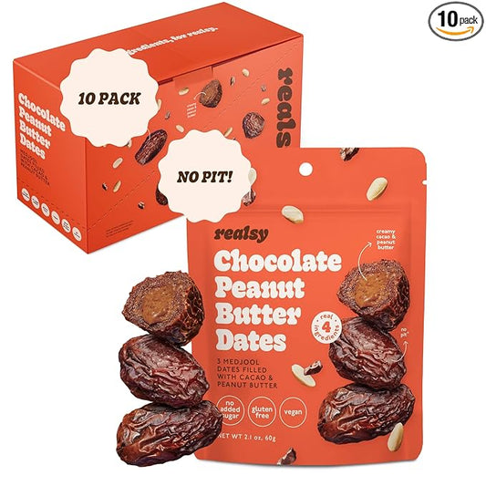 Realsy Chocolate Peanut Butter Stuffed Medjool Dates, Organic Dates with No Sugar Added, Gluten-Free, Vegan, Good Source of Fiber, Low Glycemic Index, All Natural Healthy Snack, (10 Pack)