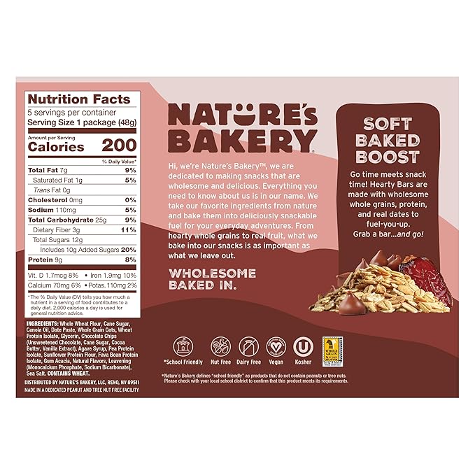 Nature’s Bakery Hearty Bars Chocolate Chip, Plant Based Protein Snack Bar, 30 Count