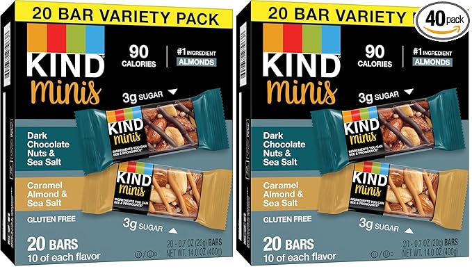 KIND Minis Snack Bars, Dark Chocolate Nuts & Sea Salt and Caramel Almond & Sea Salt, 3g Sugar, Gluten Free Bars, Variety Pack, 0.7 OZ, (20 Count) (Pack of 2)