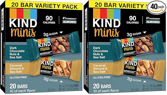 KIND Minis Snack Bars, Dark Chocolate Nuts & Sea Salt and Caramel Almond & Sea Salt, 3g Sugar, Gluten Free Bars, Variety Pack, 0.7 OZ, (20 Count) (Pack of 2)