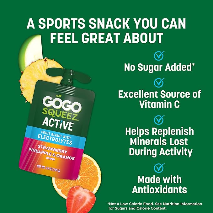 GoGo squeeZ Active Fruit Blend with Electrolytes | 18-Count Variety Pack | Blueberry Strawberry Lemon & Strawberry Pineapple Orange | Made with Real Fruit and Antioxidants Vitamin A, E, & C
