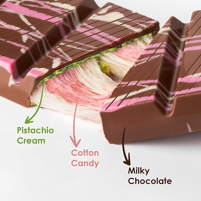 Fiorella Dubai Angel Hair Chocolate Bar 5.29 Oz, Pink & White Cotton Candy, Luxurious Milk Chocolate with a Heavenly Pistachio Cream and Fluffy Cotton Candy Filling, Unique Multi-Layered Sweet Experience