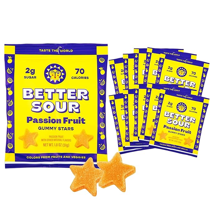 Better Sour Passion Fruit Gummy Stars Candy Naturally Flavored Plant-Based Low Sugar 2g/70 cal per 1.8oz Bag Healthy Sour Gummy Candy Healthy Treats (Pack of 10)