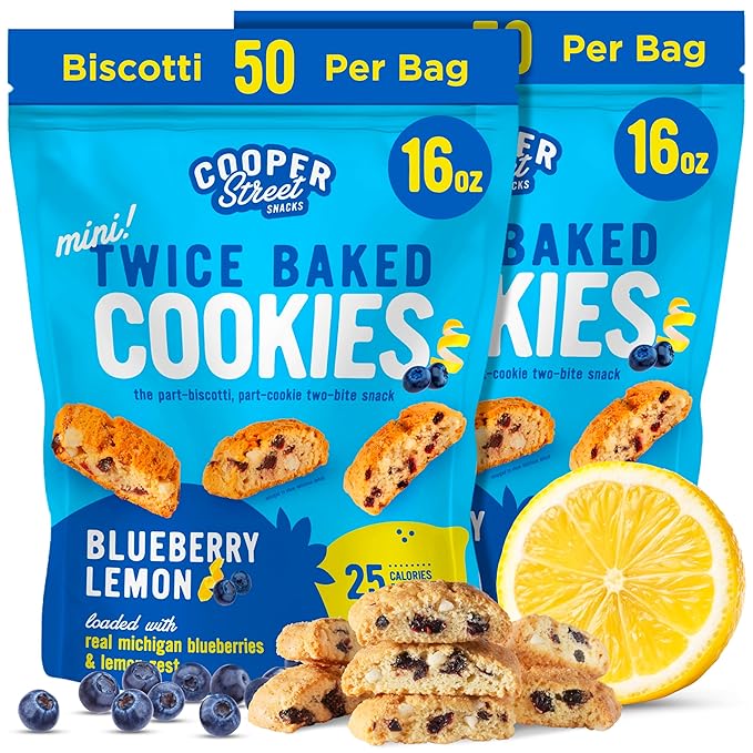 Cooper Street Twice-Baked Blueberry Lemon Biscotti Cookies (16 oz Pack of 2) – Over 50 Biscotti per Bag Loaded with Real Fruit, Traditional Italian Style Snacks - Dairy, Peanut & Soy Free, Kosher
