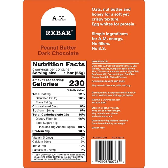 RXBAR A.M. Protein Bars, Gluten Free Snacks, Breakfast Snacks, Peanut Butter Dark Chocolate, 9.7oz Box (5 Bars) (Pack of 2)