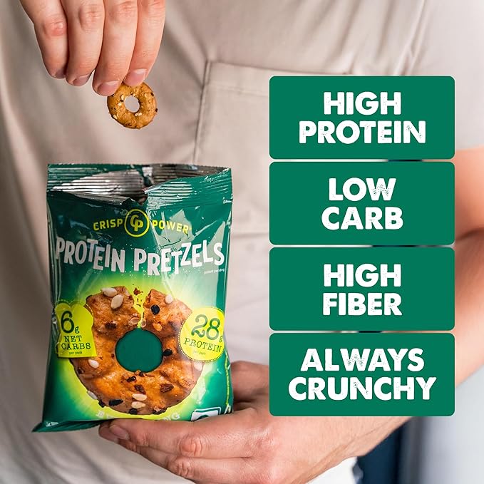 Crisp Power Protein Pretzels, Variety Pack With Sea Salt, Sesame, & Everything, High Protein Snack, Up To 28G Protein Per Bag, Low Carb Crunchy Pretzel Snacks, No Added Sugar, No Seed Oils, 1.75 Oz Bags, 24 Pack, Vegan, Plant-Based, Keto