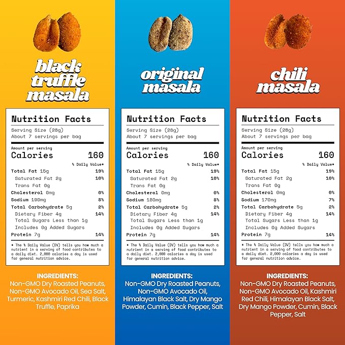 Confusion Snacks Indian Flavored Roasted Peanuts Variety Pack – Spicy Chili, Truffle and Salted Flavors, Gluten Free, High Protein and Seed Oil Free Healthy Snack | 3-Pack