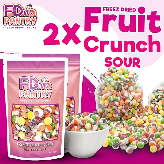Freeze Dried Candy, Fruit Crunch Sour, 4 oz, 2 Pack, Assorted Strawberry, Orange, Lemon, Grape, Lime Flavors, Bag Pouch, Ideal Gift Snack