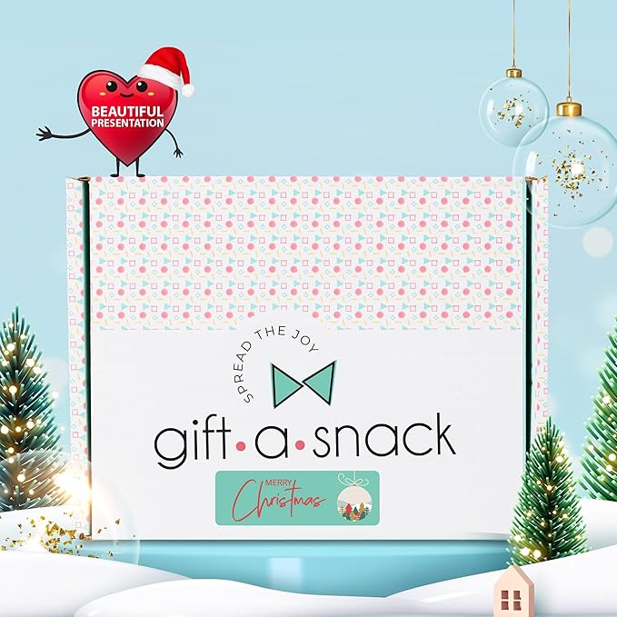 Gift A Snack - Christmas Candy Stocking Stuffers, Pre-filled Holiday Snack Box Care Package + Greeting Card (60 Count) Sweet Treats Gift Basket, Candies Chips Office Food Assortments