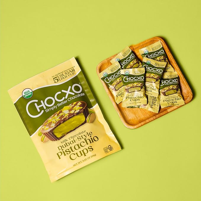 Chocxo Milk Dubai Chocolate Pistachio Cups - Lower Sugar, Organic, NonGMO, Keto, Gluten Free, Kosher. 43% Cacao, No Artificial Sweeteners/Sugar Alcohols, 3.45 oz (Pack of 6)