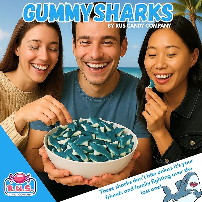 Blue Gummy Sharks- 1 Pound Bag | R.U.S. Candy Company | Chewy Fruity Candy | Fun Ocean-Themed Treats for Parties, Candy Buffets & Movie Nights (1 Pound)