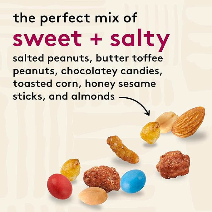 Snak Club Sweet and Salty Trail Mix with Peanuts, Butter Toffee Peanuts, Chocolatey Candies, Toasted Corn, Honey Sesame Sticks, and Almonds, Kosher Snack, 5.5 oz Resealable Bags, 6 Pack