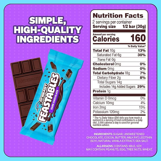 Feastables MrBeast Original Dark Chocolate Chocolate Bar, King Size Candy Bar for Adults & Kids, Candy Bars for Snacks, Gifts, & Dessert, Sweet & Creamy Quality Fairtrade Cocoa, 2.1 Oz Each, 10 Count