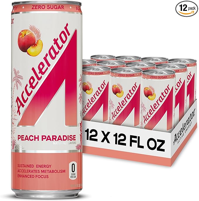 Accelerator Energy Drink, Peach Paradise 12oz can (12 pack), Zero Sugar, Sustained Energy from 100% Natural Caffeine (200mg from Green Coffee Bean & Green Tea extract)