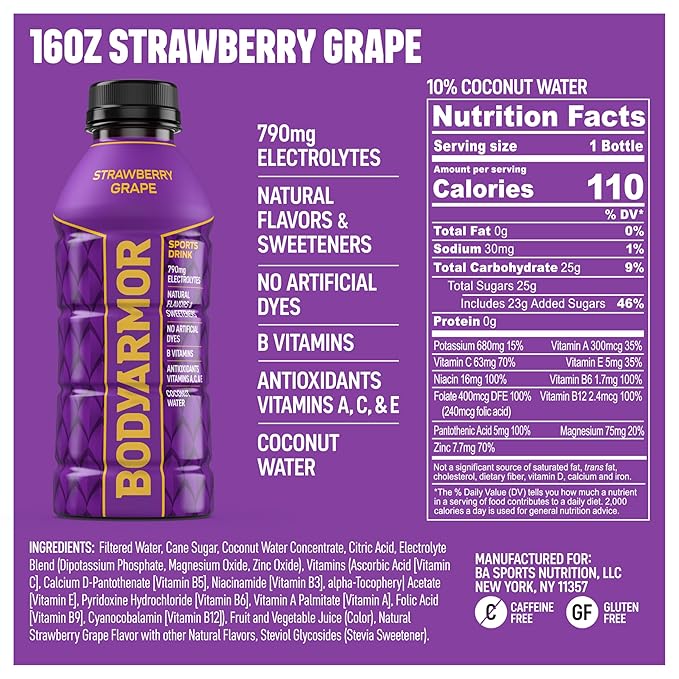 BODYARMOR Sports Drink, Strawberry Grape, Electrolyte Drink Hydration, 16 Fl Oz Bottles (12 Pack), Flavored Coconut Water with B Vitamins & Antioxidants