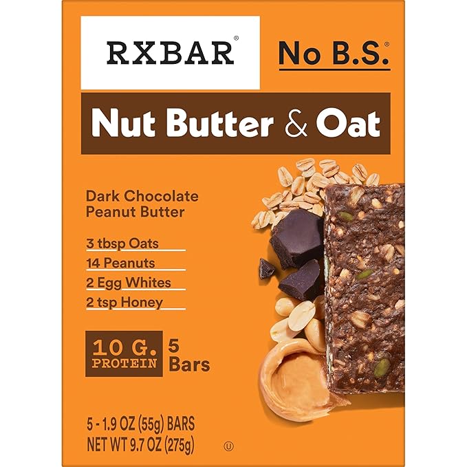 RXBAR Nut Butter and Oat Protein Bars, Protein Snacks, Snack Bars, Dark Chocolate Peanut Butter, 9.7oz Box (5 Count)