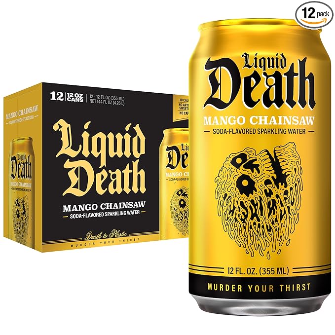 Liquid Death Soda-Flavored Sparkling Water - Mango Chainsaw (Mango Orange), Less Sugar*, Huge Flavor, No Caffeine, No Artificial Sweeteners, 12 Fl Oz (Pack of 12)
