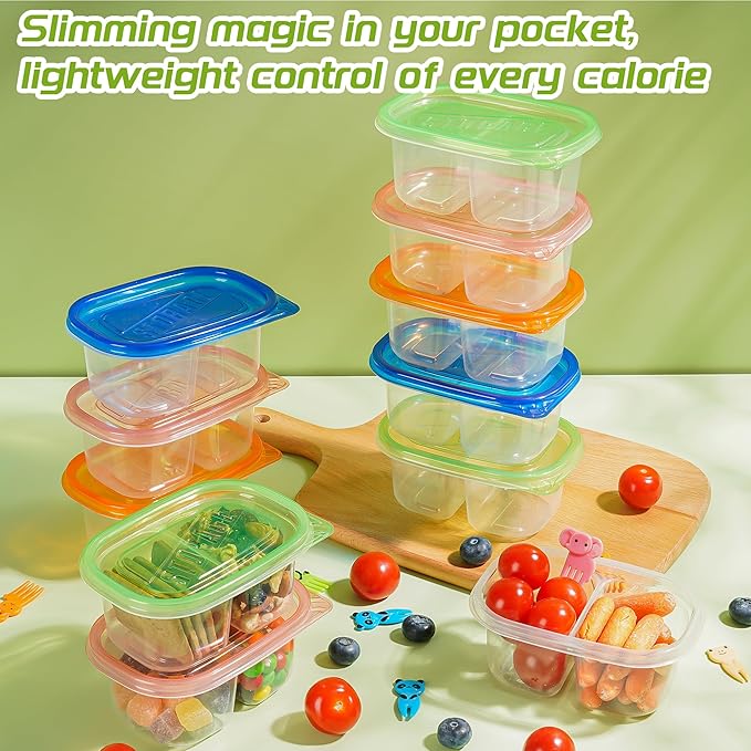 20pcs Reusable Snack Containers with Lids,Double Compartment Snack Containers for kids adults, 10 Cute Forks，Bento Box-Lightweight and stackable, Microwave, refrigerator safe (4 Color)