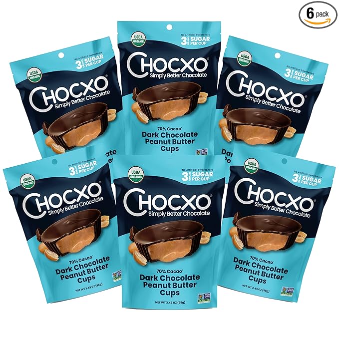Chocxo Dark Chocolate Peanut Butter Cups - Lower Sugar, Organic, NonGMO, Keto, Gluten Free, Kosher. No Artificial Sweeteners/Sugar Alcohols, 3.45 oz (Pack of 6)