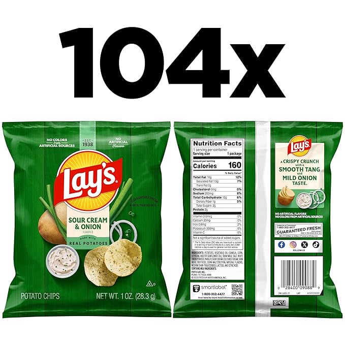 Lay's Potato Chips, Sour Cream & Onion, 1 Ounce (Pack of 104)