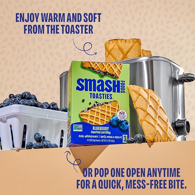 Smash Foods Toasties Variety 3 Pack – Healthy Whole Wheat Toaster Pastries Strawberry, Blueberry, Grape – No Refined Sugar, Real Fruit Filling – 9 Pastries Total – Non-GMO, Simple Real Ingredients (Blueberry)