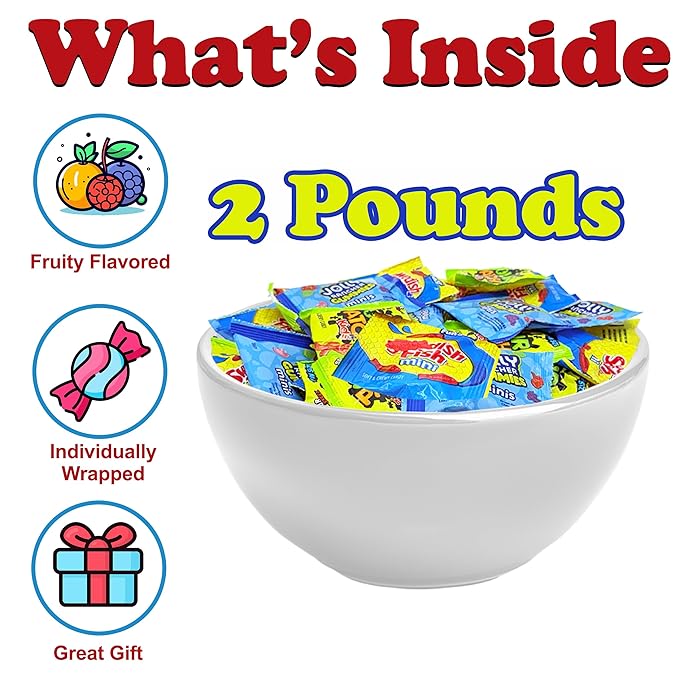 Bulk Candy Variety Pack, 2 Lb Individually Wrapped SourPatch Kids, Jolli Ranchers and Sweedish Fish Assortment Mix, Snack Size Chewy Gummies for Kids Birthday Party Favors, Pinata Filler