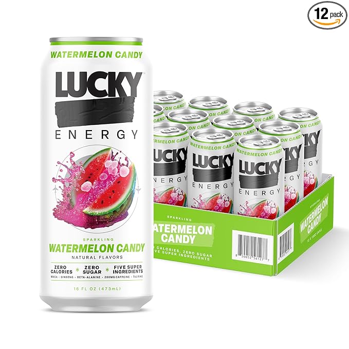Lucky Energy Sugar Free Energy Drinks, Watermelon Candy, 16oz Cans (12-Pack) Healthy, Zero Sugar Energy Drink with Maca, Ginseng, Beta-Alanine, Taurine & 200mg Caffeine