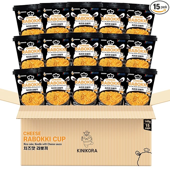 KINIKORA Premium Instant Rabokki Cup - Cheese Flavor, 15-Pack Box – Korean Ramen & Rice Cake (Tteokbokki), Quick & Easy Street Food, Ready in Minutes