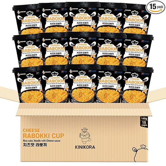 KINIKORA Premium Instant Rabokki Cup - Cheese Flavor, 15-Pack Box – Korean Ramen & Rice Cake (Tteokbokki), Quick & Easy Street Food, Ready in Minutes