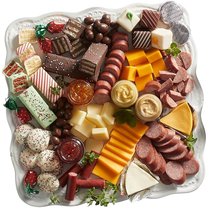 4 Red Gift Boxes - The Swiss Colony 27 Favorites Food Gift Set, Summer Sausage Meats and Cheeses, Assorted Chocolates, Candies, Petits Fours, Cheese & Charcuterie Board Gifts Basket, Holiday Christmas