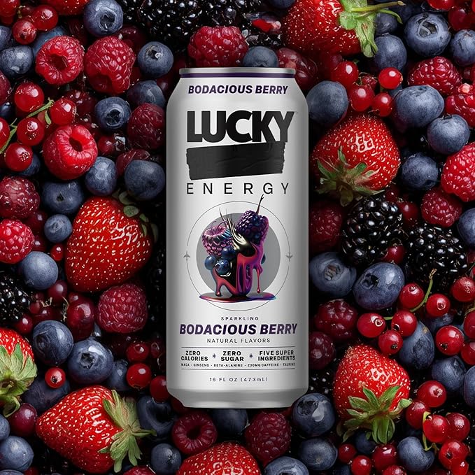 Lucky Energy Sugar Free Energy Drinks, Bodacious Berry, 16oz Cans (12-Pack) Healthy, Zero Sugar Energy Drink with Maca, Ginseng, Beta-Alanine, Taurine & 200mg Caffeine