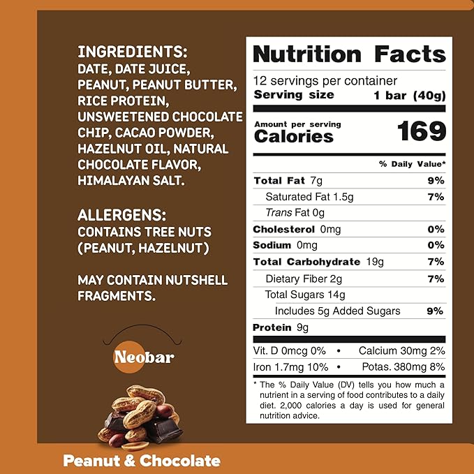 NEOBAR Fruit and Nut Bars - Plant-Based Vegan Snack Bars, Gluten Free Dairy Free Snacks, No Preservatives, No Refined Sugars Added, Non-GMO | Peanut & Chocolate, 9g Protein,12 Count