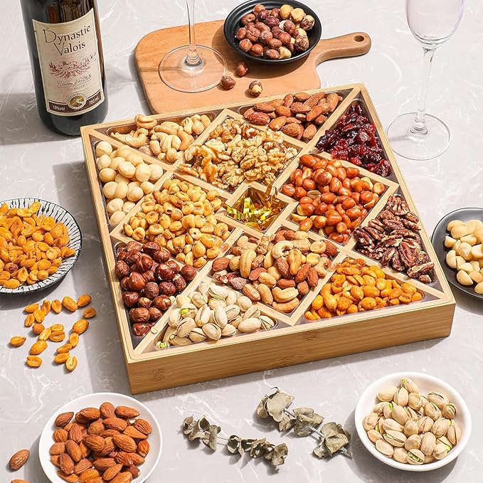 Gourmet Mixed Nuts Gift Basket in Sleek Bamboo Wood Reusable Platter | XL 2.5 lb Platter Includes 12 Assortments of Premium Nuts, Kosher