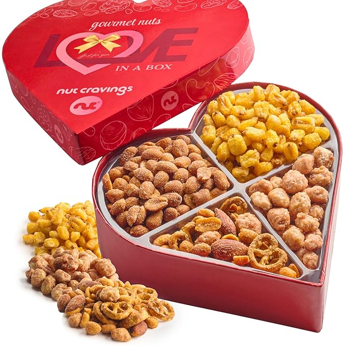 NUT CRAVINGS - Valentines Day Mixed Nuts Heart Shaped Gift Basket, Love in A Box (4 Assortments) Romantic Food Arrangement, Healthy Snack Care Package, Food Assortments