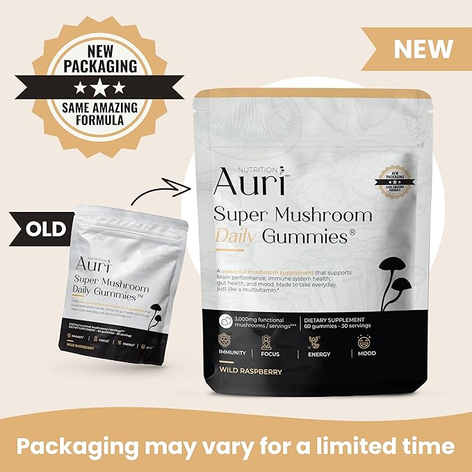 Auri Super Mushroom Daily Gummies – All-in-One Functional Gummy with 12 Mushroom Blend Including Lion’s Mane, Reishi, Chaga & Cordyceps – 60 Gummies