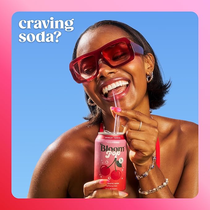 Bloom Pop Prebiotic Soda 12 Pack, Shirley Temple Flavor, 12oz Cans | Prebiotic Soda for Gut Health, Low Calorie Soda, No Caffeine, Healthy Soft Drink Alternative