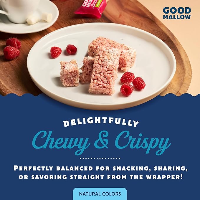 GoodMallow Vegan Rice Crispy Treats Individually Wrapped Box of 8 , Kosher Vegan Snacks, Gluten Free Dairy Free Snacks for Kids & Adults - Healthy Sweets Made with Gourmet Marshmallows, Made in USA (Raspberry)