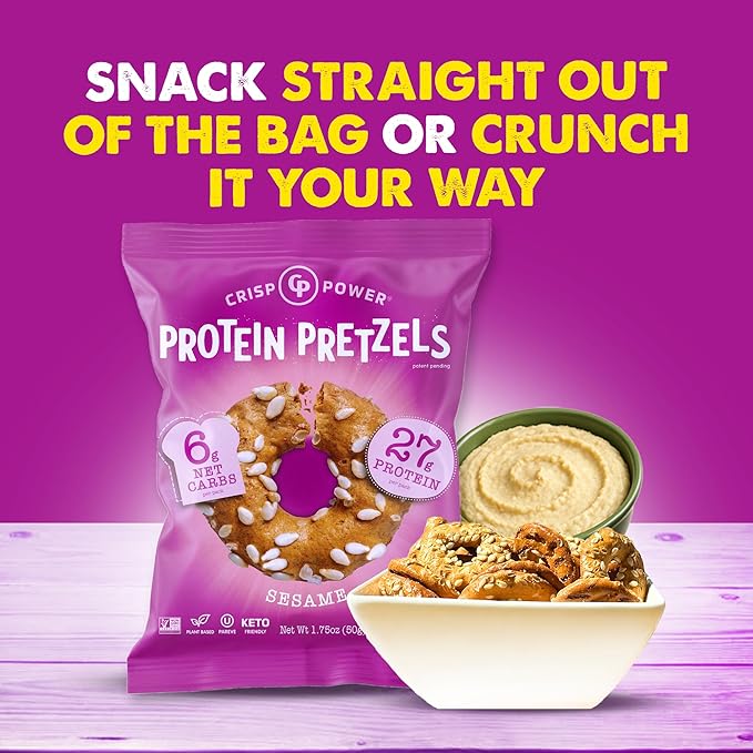 Crisp Power Protein Pretzels, Sesame, High Protein Snack, 27G Protein, Low Carb Crunchy Pretzel Snacks, No Added Sugar, No Seed Oils, 1.75 oz Bags, 6 Pack, Vegan, Plant-Based, Keto