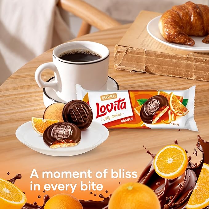 Roshen Lovita Cookies with Orange Jelly Filling, 4.76 oz, Golden Biscuit with Real Orange Jelly & Smooth Chocolate Glaze, European Gourmet Cookies, Pack of 2