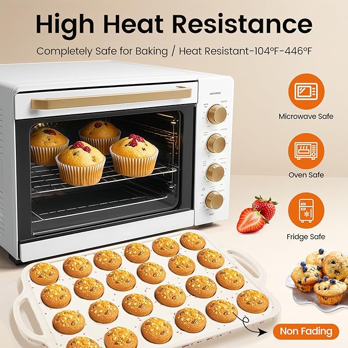Fimary Silicone Muffin Pans With Metal Reinforced Frame - 24 Cups Durable Silicone Baking Pan for Muffins, Cupcakes, BPA Free and Dishwasher Safe - Beige with Rainbow Spots, Set of 2