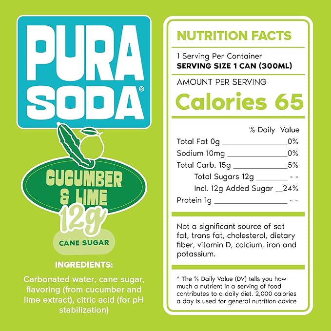PuraSoda® Cucumber & Lime | Low-Calorie, Cane Sugar Soda Beverage | Non-GMO, Vegan | Made with Pure Cane Sugar, Clean & Refreshing | 10.1 fl oz (300ml) Cans, Pack of 24