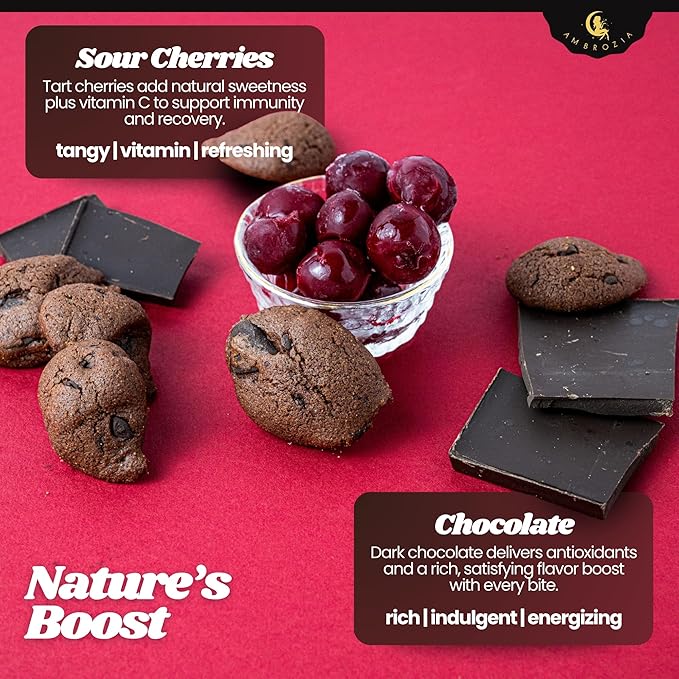 Ambrozia Vegan Snack Biscuits – Chocolate & Sour Cherry - Soft Baked, No Added Sugar, Clean Label, High Fiber & Wholesome Ingredients, Kid-Friendly, Healthy Snacks for Active Lifestyles, 4.58 Oz