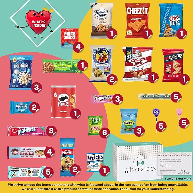 Gift A Snack - Valentines Day Snack Box Variety Pack Care Package + Greeting Card (60 Count) Birthday Sweet Treats Gift Basket, Candies Chips Crackers Bars Office Food Assortments & Variety Gifts